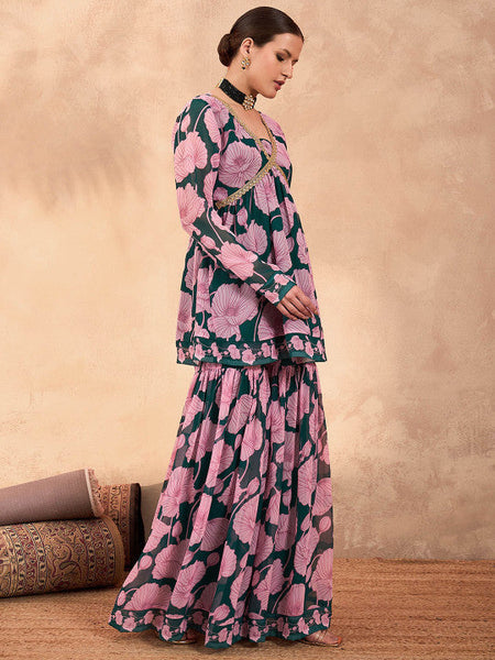 Women Floral Printed V-Neck Zari Anarkali Kurti With Sharara Set VitansEthnics