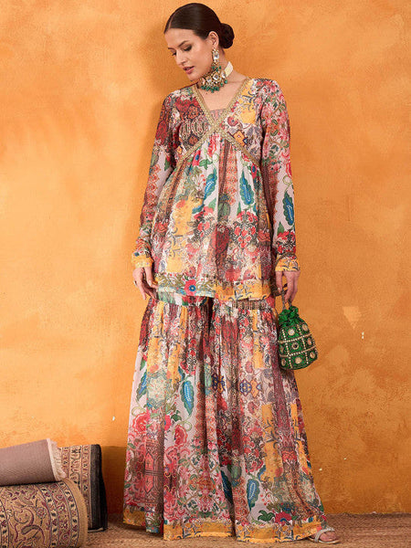 Women Floral Printed V-Neck Empire A-Line Kurti With Sharara Set VitansEthnics