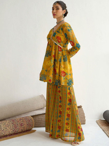 Women Floral Printed Empire Sequinned Kurti with Sharara Set VitansEthnics