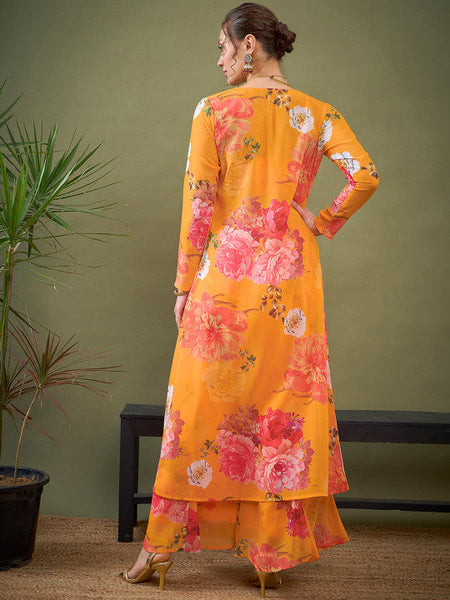 Yellow Floral Printed Crop Top Palazzo With Shrug Co-Ords Set Indo Western Outfit VitansEthnics