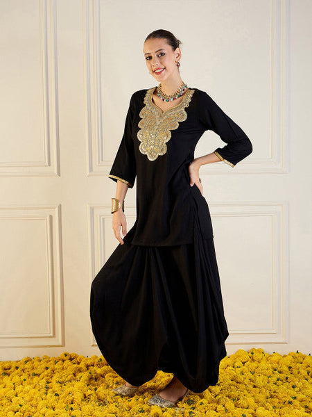 Embroidered Three Quarter Sleeve Tunic & Skirt Co-Ords Set Indo Western Outfit VitansEthnics