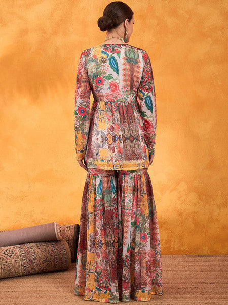 Women Floral Printed V-Neck Empire A-Line Kurti With Sharara Set VitansEthnics