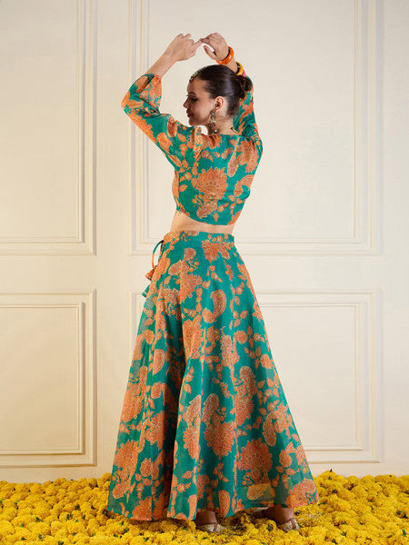 Women Green Printed Ready to Wear Lehenga Choli VitansEthnics