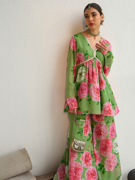 Women Green Floral Printed Empire Sequinned Kurti with Sharara Set VitansEthnics