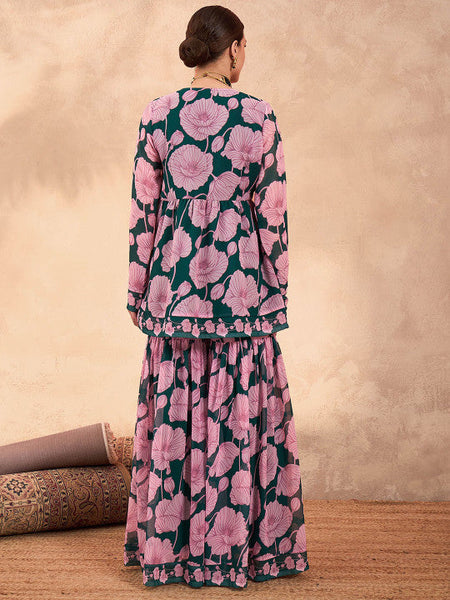 Women Floral Printed V-Neck Zari Anarkali Kurti With Sharara Set VitansEthnics