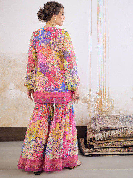 Women Floral Printed Zari Straight Kurta With Sharara Set VitansEthnics