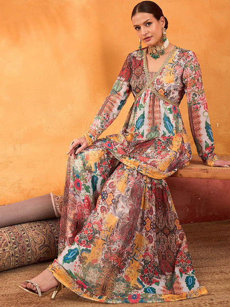 Women Floral Printed V-Neck Empire A-Line Kurti With Sharara Set VitansEthnics