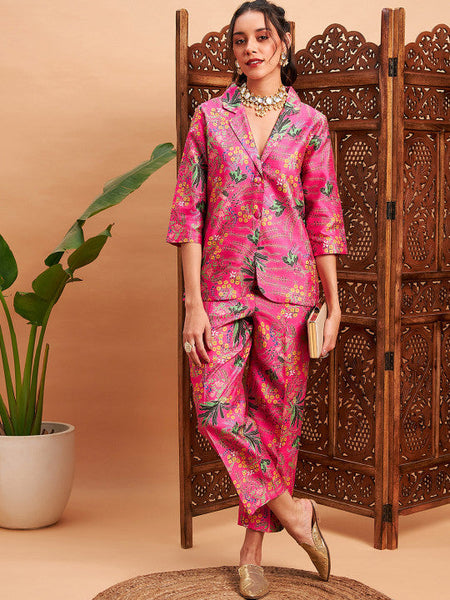 Floral Printed Blazer With Straight Pants Co-Ords Set Indo Western Outfit VitansEthnics