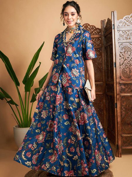 Floral Printed Blazer With Skirt Co-Ords Set Indo Western Outfit VitansEthnics