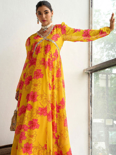 Women Floral Printed Georgette Anarkali Kurta Dress VitansEthnics