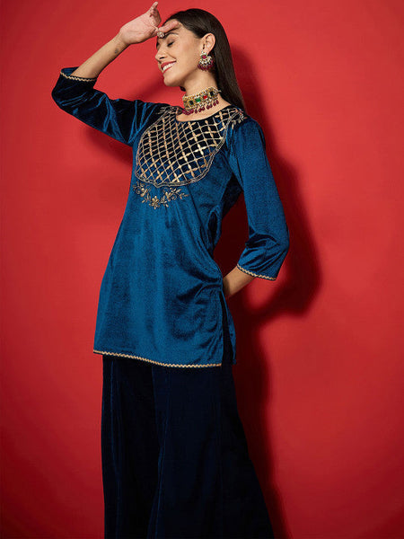 Women Embroidered Regular Velvet Kurta with Palazzos Set VitansEthnics