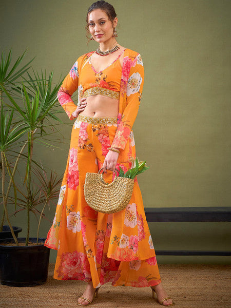 Yellow Floral Printed Crop Top Palazzo With Shrug Co-Ords Set Indo Western Outfit VitansEthnics