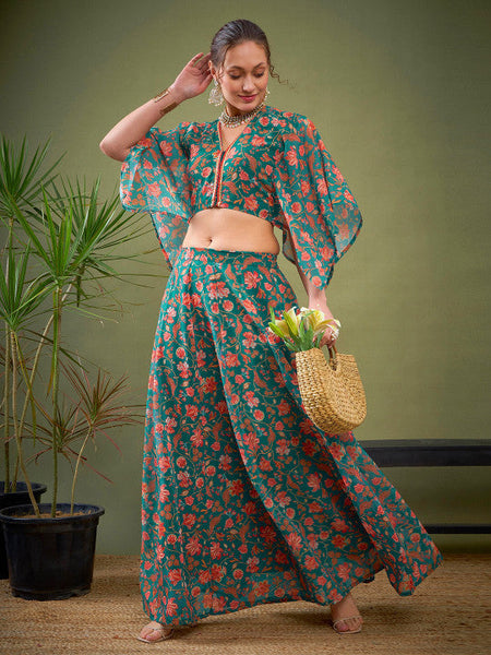 Green Floral Printed Ready to Wear Lehenga Choli VitansEthnics