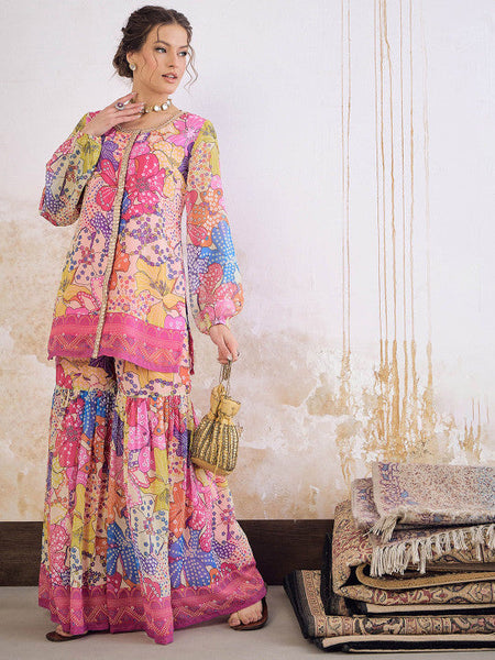 Women Floral Printed Zari Straight Kurta With Sharara Set VitansEthnics