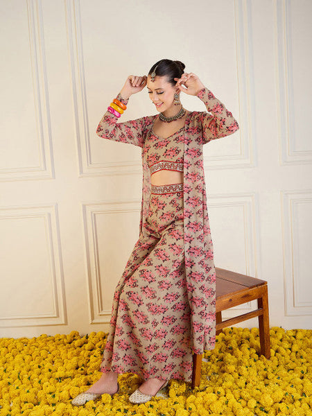Beige Floral Printed Crop Top Palazzo With Shrug Co-Ords Set Indo Western Outfit VitansEthnics