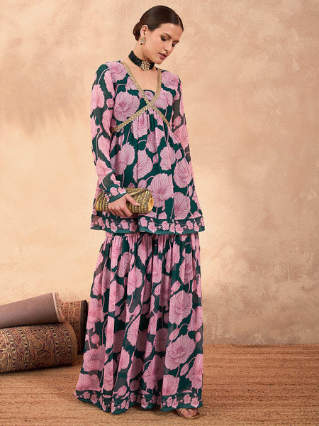 Women Floral Printed V-Neck Zari Anarkali Kurti With Sharara Set VitansEthnics