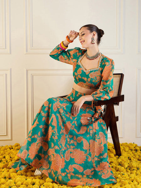 Women Green Printed Ready to Wear Lehenga Choli VitansEthnics