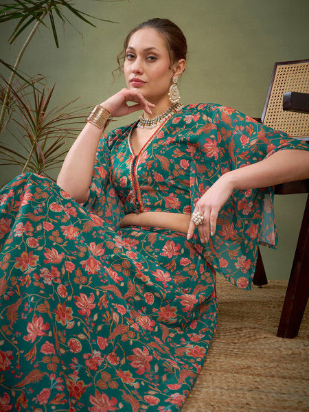 Green Floral Printed Ready to Wear Lehenga Choli VitansEthnics