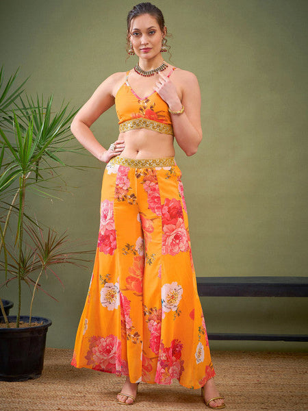 Yellow Floral Printed Crop Top Palazzo With Shrug Co-Ords Set Indo Western Outfit VitansEthnics