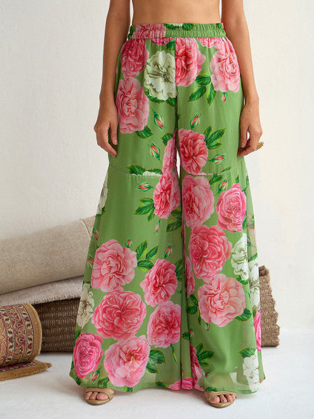Women Green Floral Printed Empire Sequinned Kurti with Sharara Set VitansEthnics