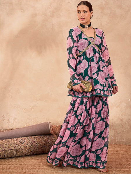 Women Floral Printed V-Neck Zari Anarkali Kurti With Sharara Set VitansEthnics