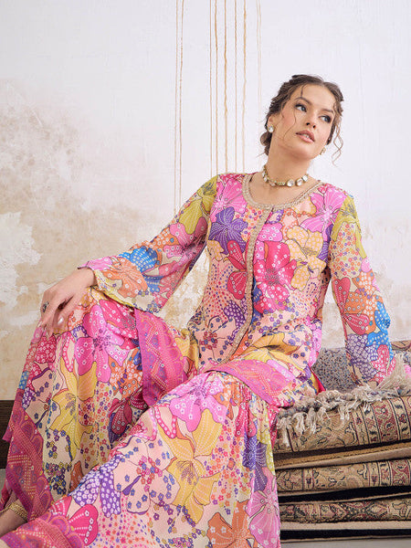 Women Floral Printed Zari Straight Kurta With Sharara Set VitansEthnics