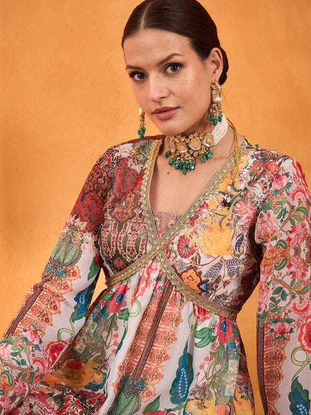 Women Floral Printed V-Neck Empire A-Line Kurti With Sharara Set VitansEthnics