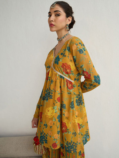 Women Floral Printed Empire Sequinned Kurti with Sharara Set VitansEthnics