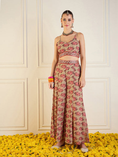 Beige Floral Printed Crop Top Palazzo With Shrug Co-Ords Set Indo Western Outfit VitansEthnics