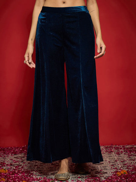Women Embroidered Regular Velvet Kurta with Palazzos Set VitansEthnics