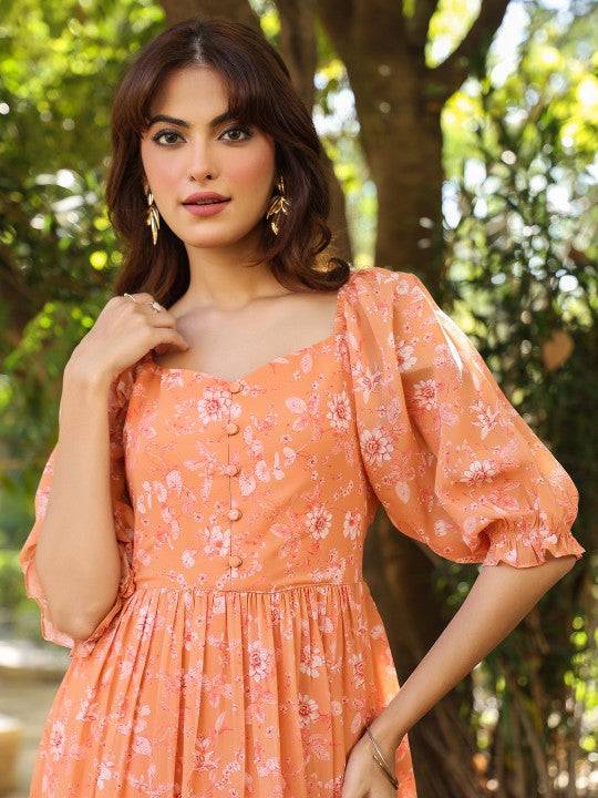 strapless open back dress Women Orange Georgette Floral Printed Tiered Dress Indian Fusion Dress M / Orange