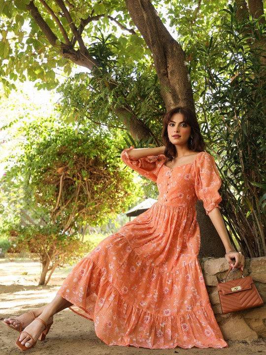 Women Orange Georgette Floral Printed Tiered Dress Indian Fusion Dress M / Orange