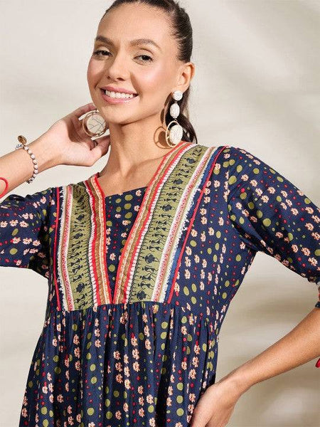Women Abstract Printed Fit & Flare Midi Dress Indian Fusion Dress VitansEthnics