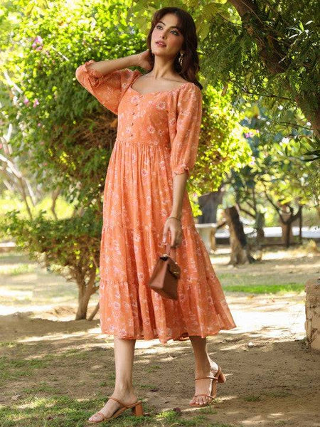 Women Orange Georgette Floral Printed Tiered Dress Indian Fusion Dress VitansEthnics