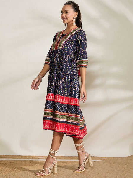 Women Abstract Printed Fit & Flare Midi Dress Indian Fusion Dress VitansEthnics