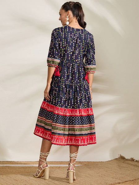 Women Abstract Printed Fit & Flare Midi Dress Indian Fusion Dress VitansEthnics
