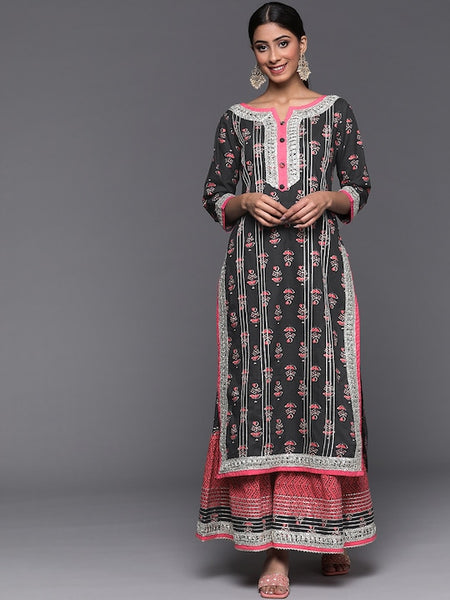 Women Grey Ethnic Motifs Printed Kurta with Sharara