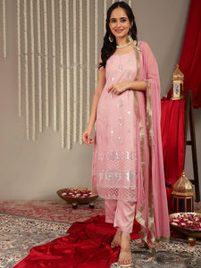 Women Pink & Silver Ethnic Embroidered Sequinned Kurta with Trousers & Dupatta