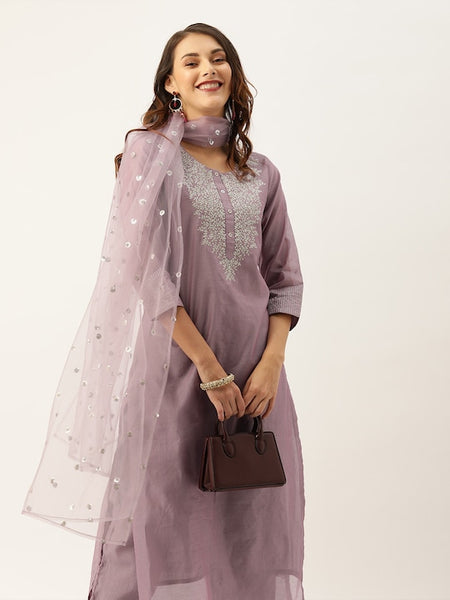 Women Mauve Zari Yoke Design Chanderi Silk Kurta with Trousers & Dupatta VitansEthnics