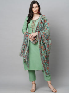 Women Green Embroidered Thread Work Kurta with Trousers & Dupatta