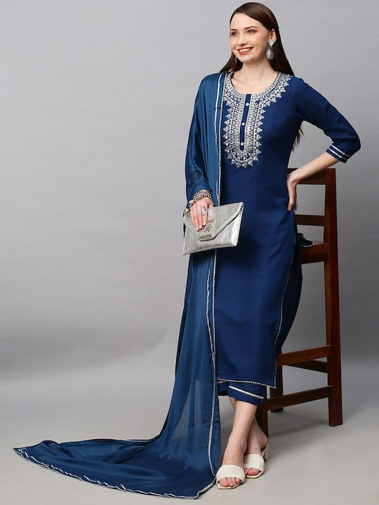 Women Navy Blue Ethnic Motifs Embroidered Thread Work Kurta with Trouser & Dupatta