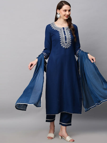 Women Navy Blue Ethnic Motifs Embroidered Thread Work Kurta with Trouser & Dupatta