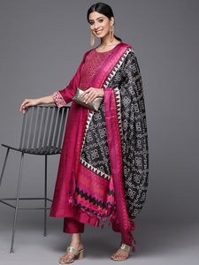 Women Magenta & Golden Ethnic Motifs Yoke Design Kurta with Trousers & Dupatta