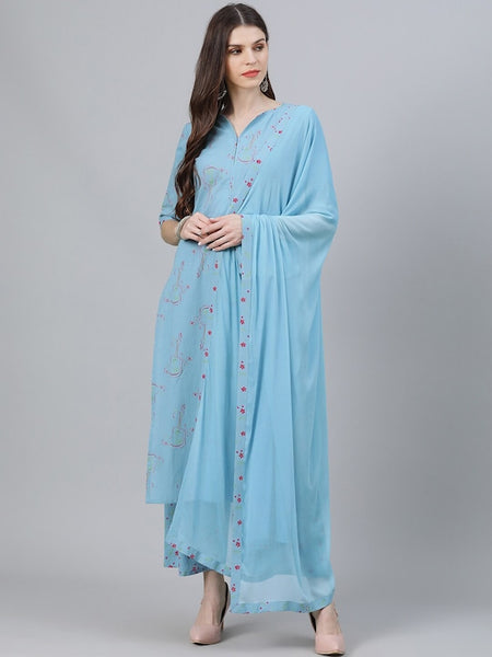 Women Blue Abstract Printed Pure Cotton Kurta with Palazzos & With Dupatta