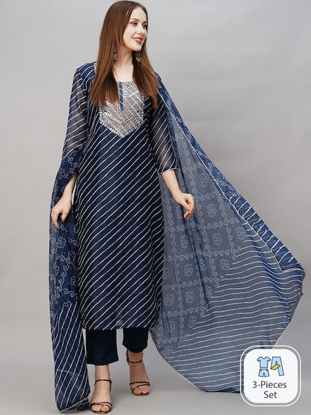 Women Bandhani Printed Regular Kurta with Trousers & Dupatta