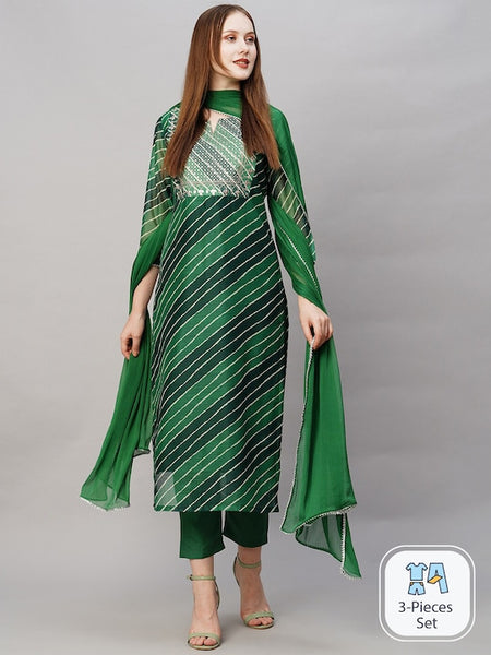 Women Leheriya Printed Thread Work Kurta With Trousers & Dupatta