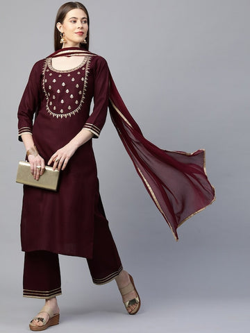 Women Maroon Embroidered Gotta Patti Kurta with Palazzos & With Dupatta