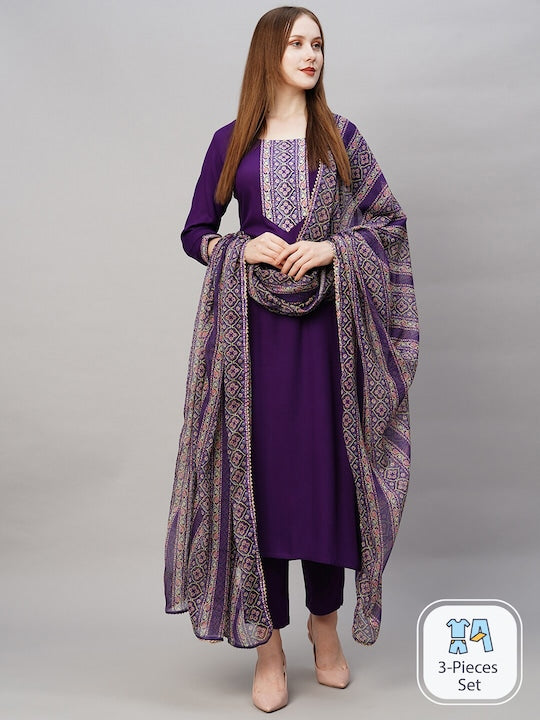 Women Solid Straight Kurta with Trousers & With Dupatta