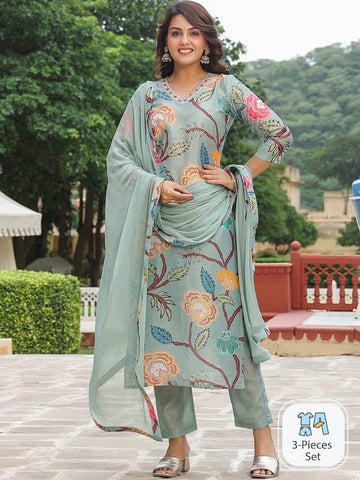 Women Floral Printed V-Neck Straight Kurta & Trousers With Dupatta