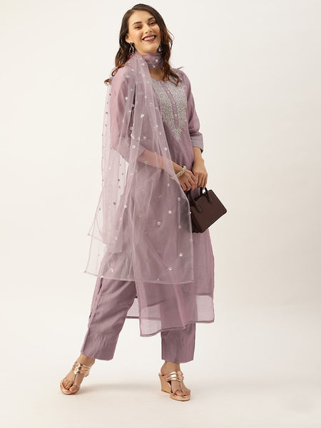 Women Mauve Zari Yoke Design Chanderi Silk Kurta with Trousers & Dupatta VitansEthnics